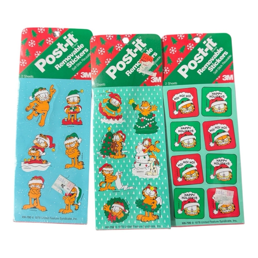 Garfielde Christmas Stickers, Post-It, Reusable Removable, Vintage Holiday Lot 3